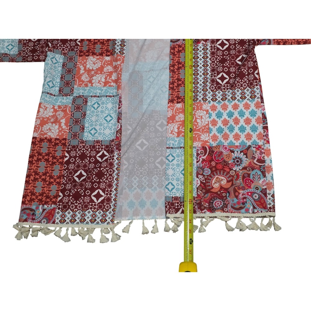 Tees2urdoor Red Patchwork Boho Kimono Tassel Fringe Open Front Wrap Cardigan - Picture 6 of 10